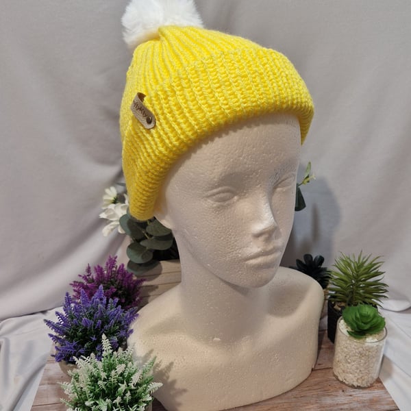 Childs Knitted Pompom Hat in sunshine yellow