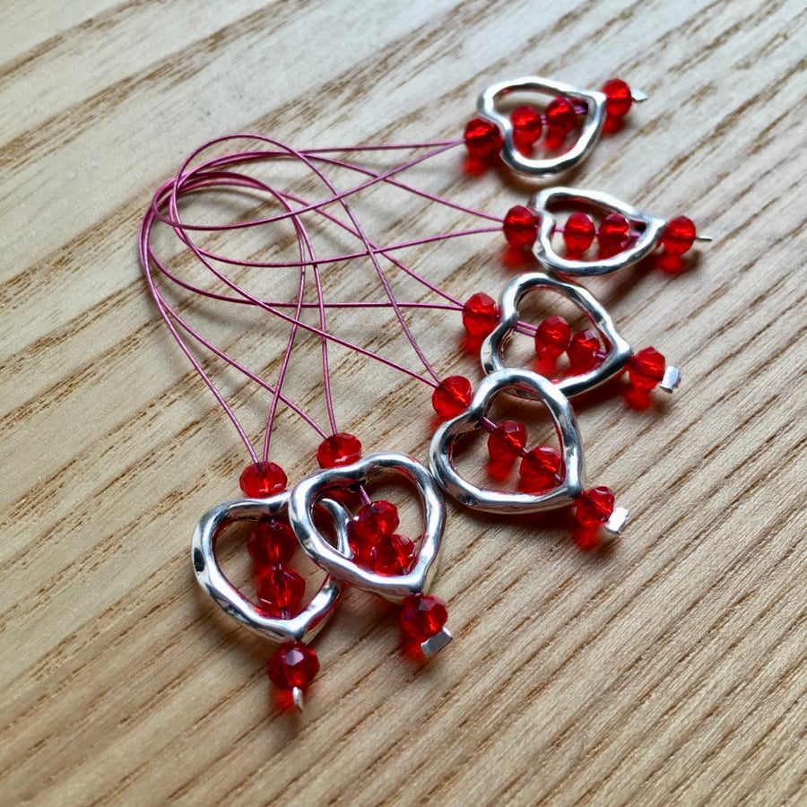 Large Crystal Heart Bead Knitting Stitch Markers pack of 6