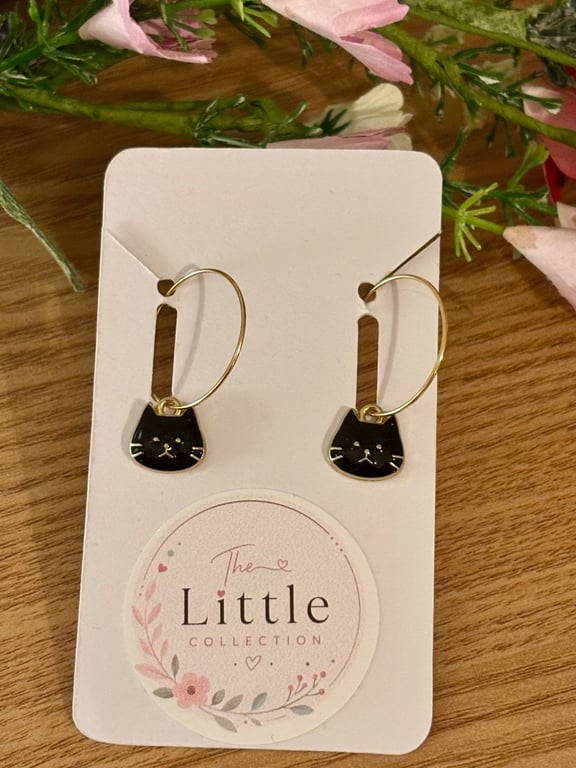 Black Cat Face Hoop Earrings, Enamel Charms, Handmade Jewellery 