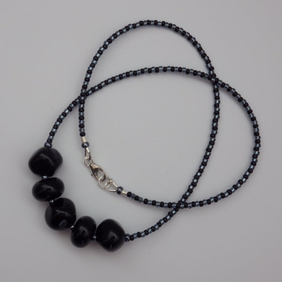Black handmade lampwork glass nugget and spacer bead necklace