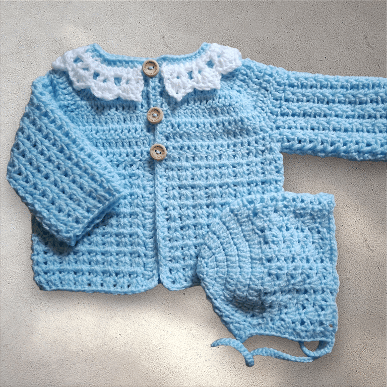 Powder blue crochet baby cardigan, optional bonnet, 0-3 months