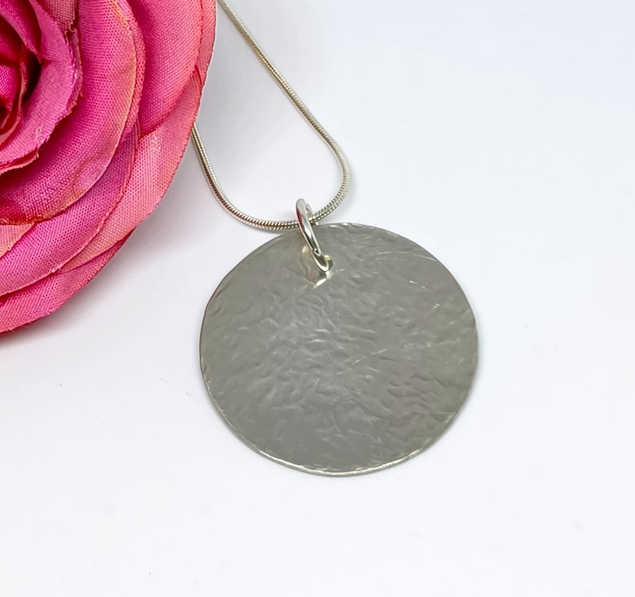 Hammered Sterling Silver Disc Pendant, Sterling Silver Disc Necklace, Hammered T