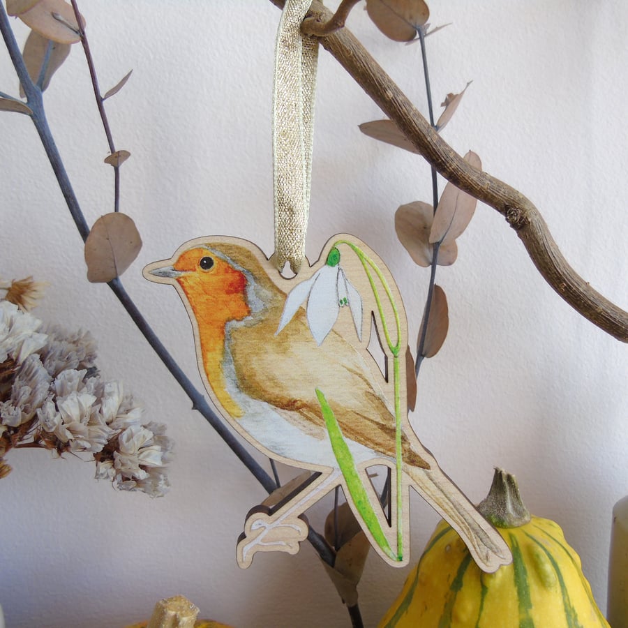 Robin and Snowdrop Wooden Hanging Decoration