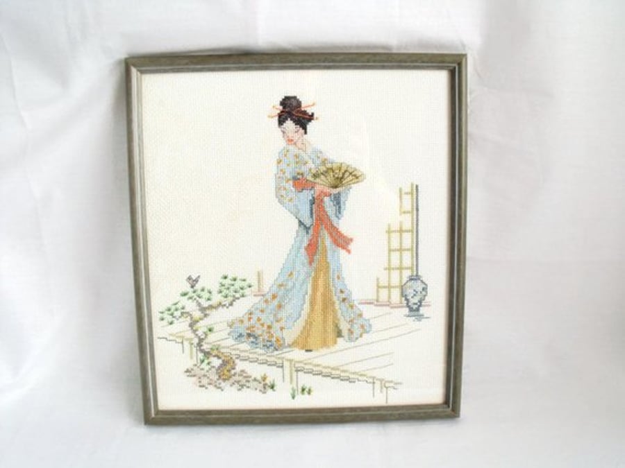 chinese lady framed cross stitch wall hanging in muted shades