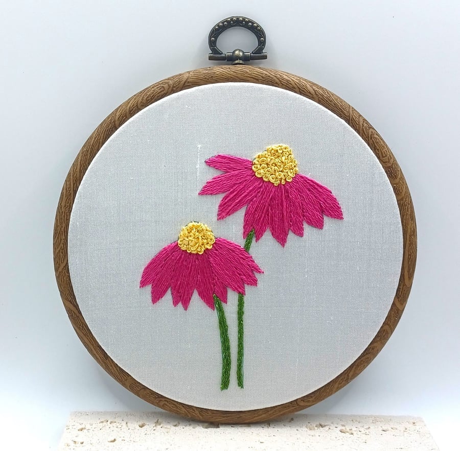 Pink Gerbera Embroidery Hoop, Hand Embroidered Hoop Art, Pink Daisy Embroidery, 