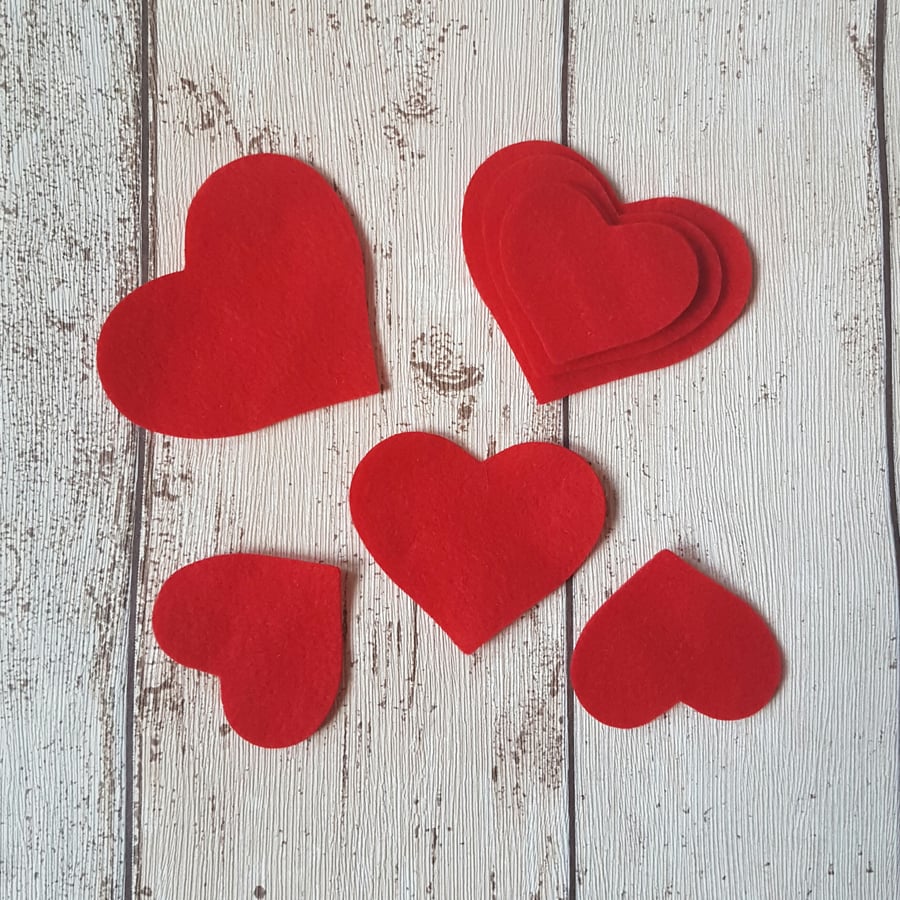 Red Felt Hearts, die cut for card making or embellishment, Valentine's, Weddings
