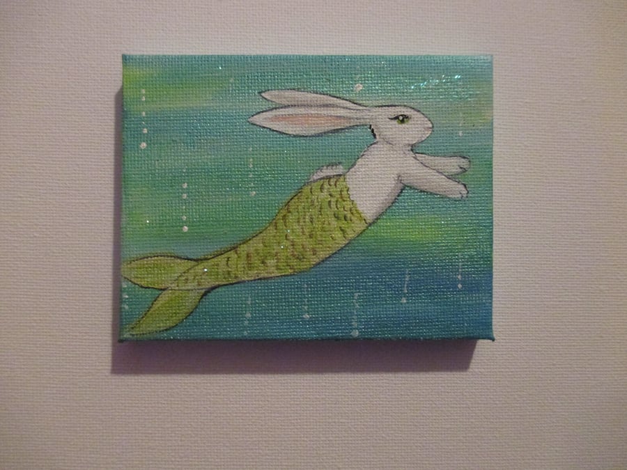 Merbunny Original Mini Bunny Rabbit Mermaid Canvas Picture Painting Art 