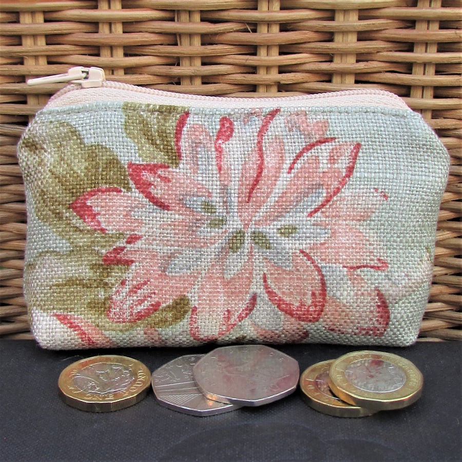 Small purse, coin purse - pale green with pink floral print