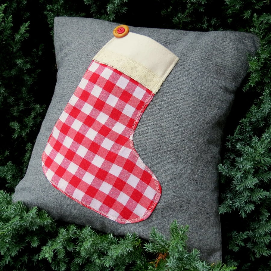Christmas cushion. The stocking opens to hold a small gift.  Christmas decor.