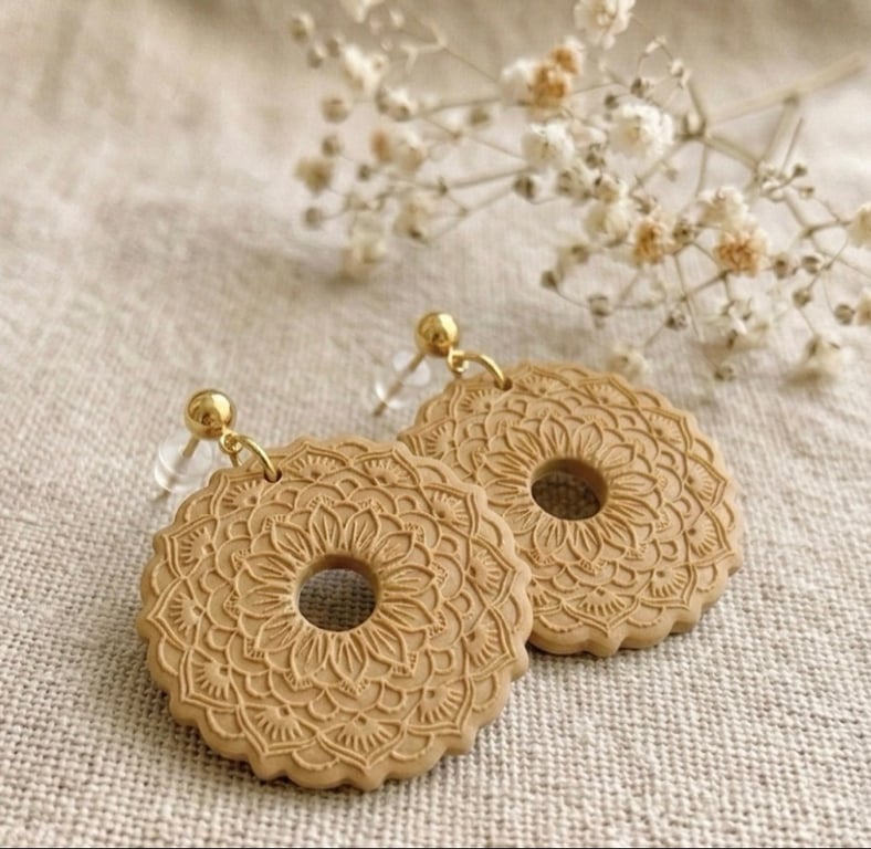 Mandala Polymer Clay Earrings - Unique Birthday Gift for Her - Neutral