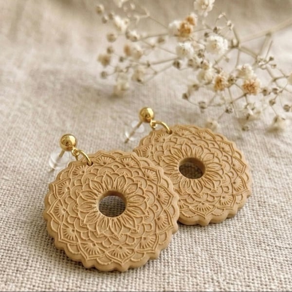 Mandala Polymer Clay Earrings - Unique Birthday Gift for Her - Neutral