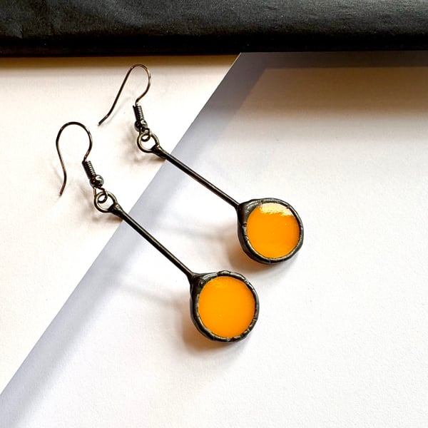 Marigold yellow stained glass circular dangle earrings, valentines gift for her