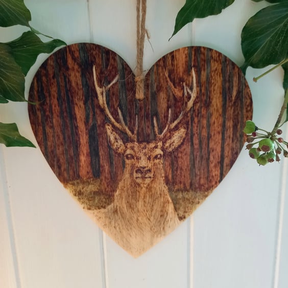 Red deer stag pyrography wooden heart hanging decoration