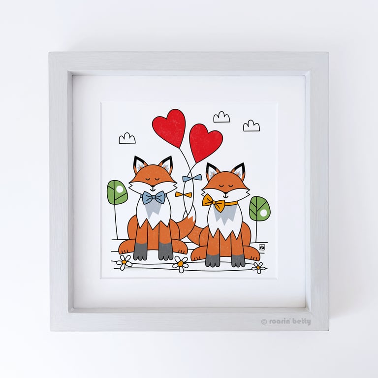 Foxes With Love Hearts, Giclee print