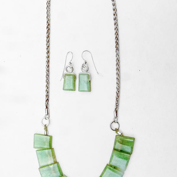 Silver Chain Jade Necklace with Earrings