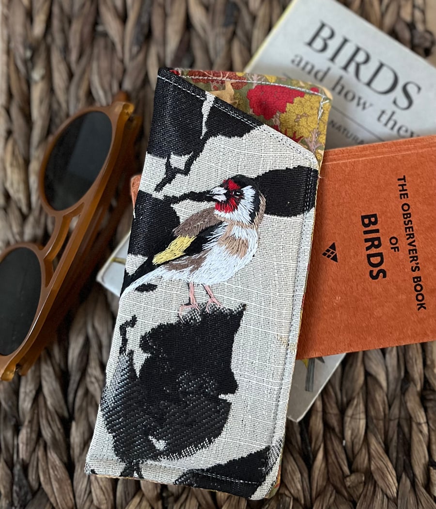 Glasses case with hand embroidered goldfinch