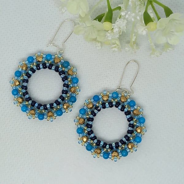Turquoise and Gold Beaded Hoop Earrings
