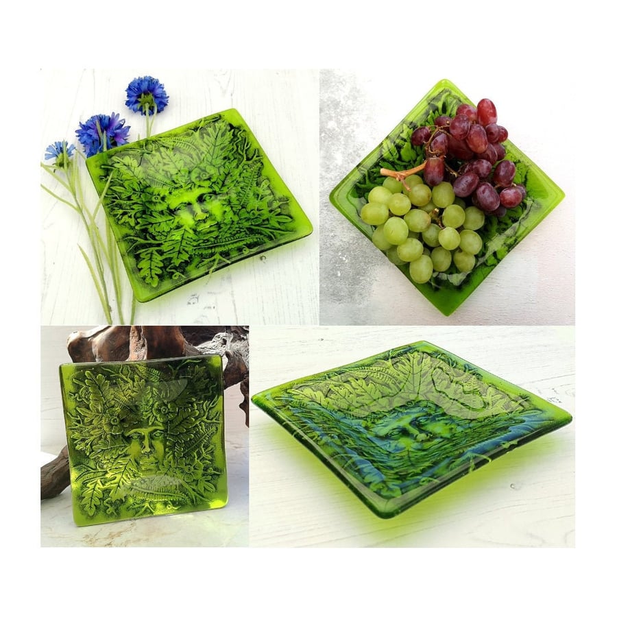 Handmade Fused Glass Lady Of The Woods Square Bowl - Green Woman Decorative Dish