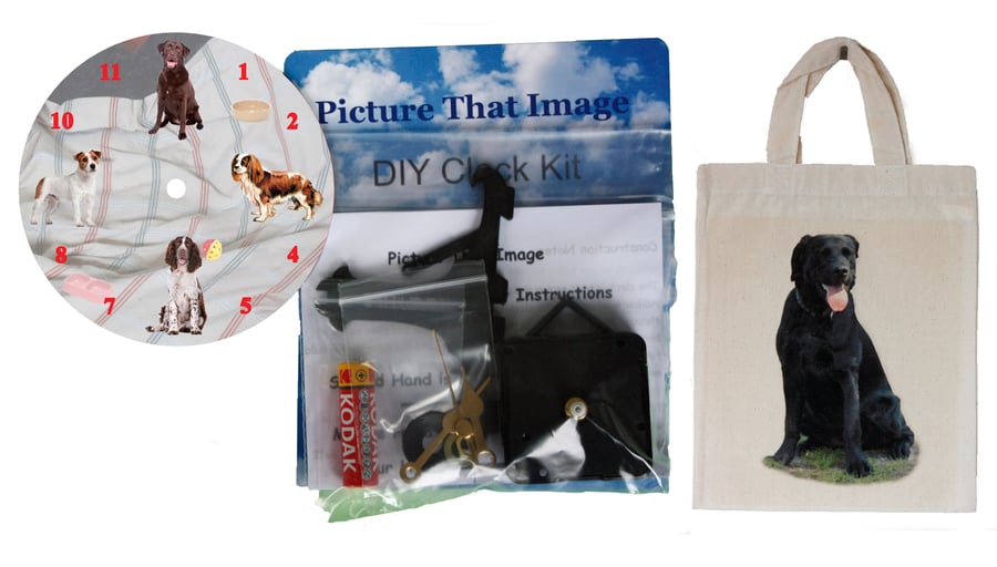 DIY 12cm Clock Kit Gift Set - Dogs in a Canvas Bag with a Black Labrador Motif
