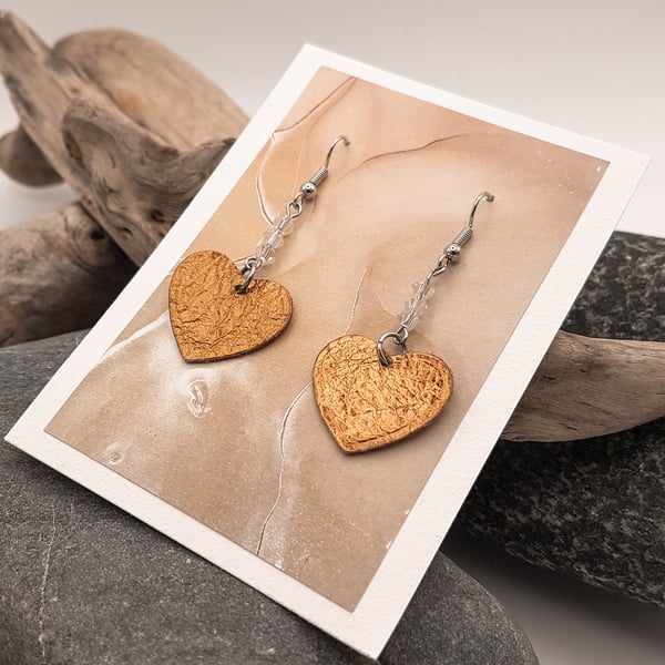 Metallic bronze leather heart earrings with glass crystal beads