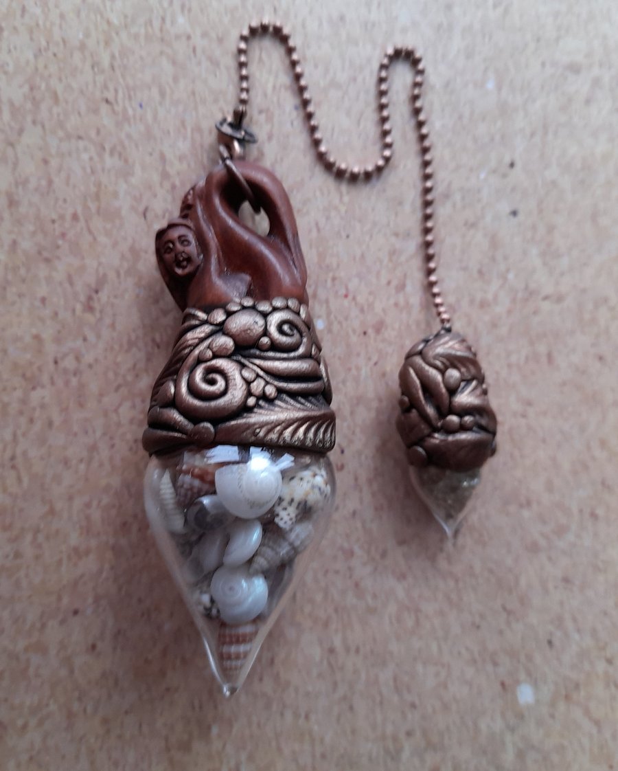 Gorgeous Mermaid Pendulum with Epoxy Clay, Seashell Vial and Citrine Vial Charm