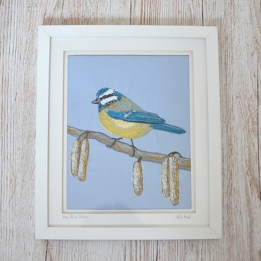 Bluetit on catkin art - British bird textile Spring picture - wall or shelf