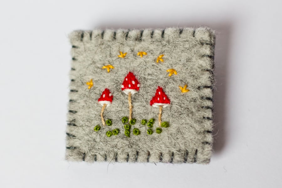 Toadstools Brooch Fly Agaric Autumn Scene Textile Art Brooch