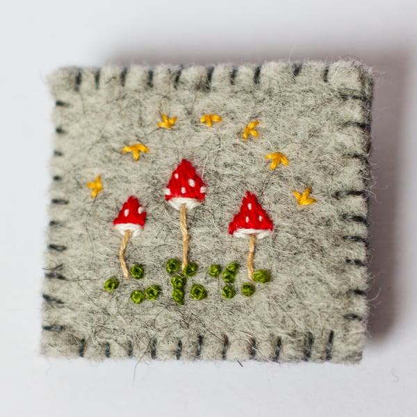 Toadstools Brooch Fly Agaric Autumn Scene Textile Art Brooch