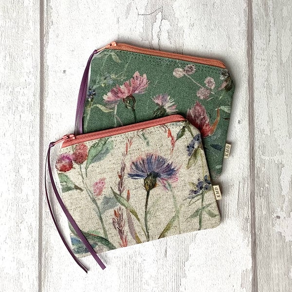 Floral Linen Coin Purse - Green or Plain