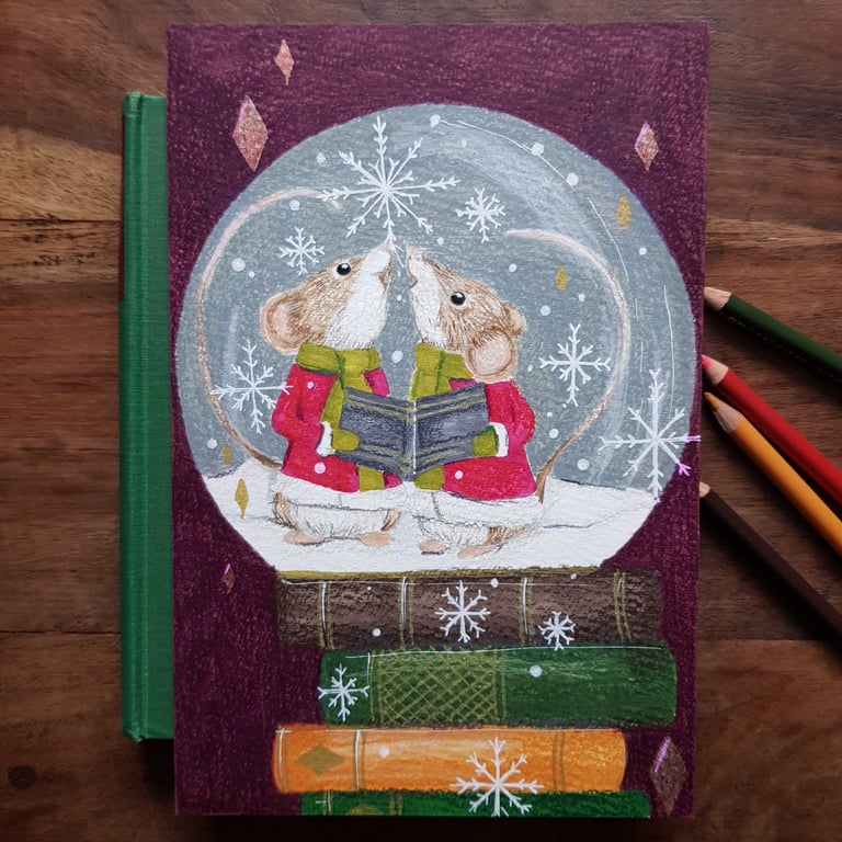 Christmas mice Carol singers in a snow globe original artwork 
