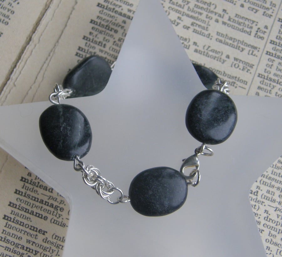 Sterling Silver Chainmaille and Obsidian Rock Bracelet