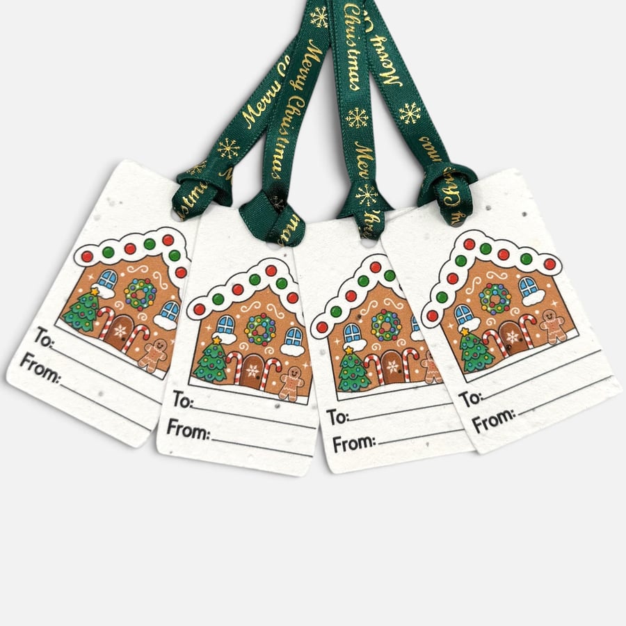Set of 4 Plantable Christmas Gift Tags, Seed Paper, Gingerbread House Tags