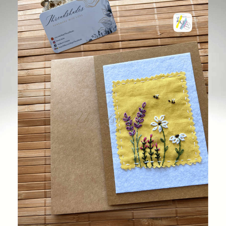 Hand embroidered greeting card, All occasions greeting card, floral embroidered 