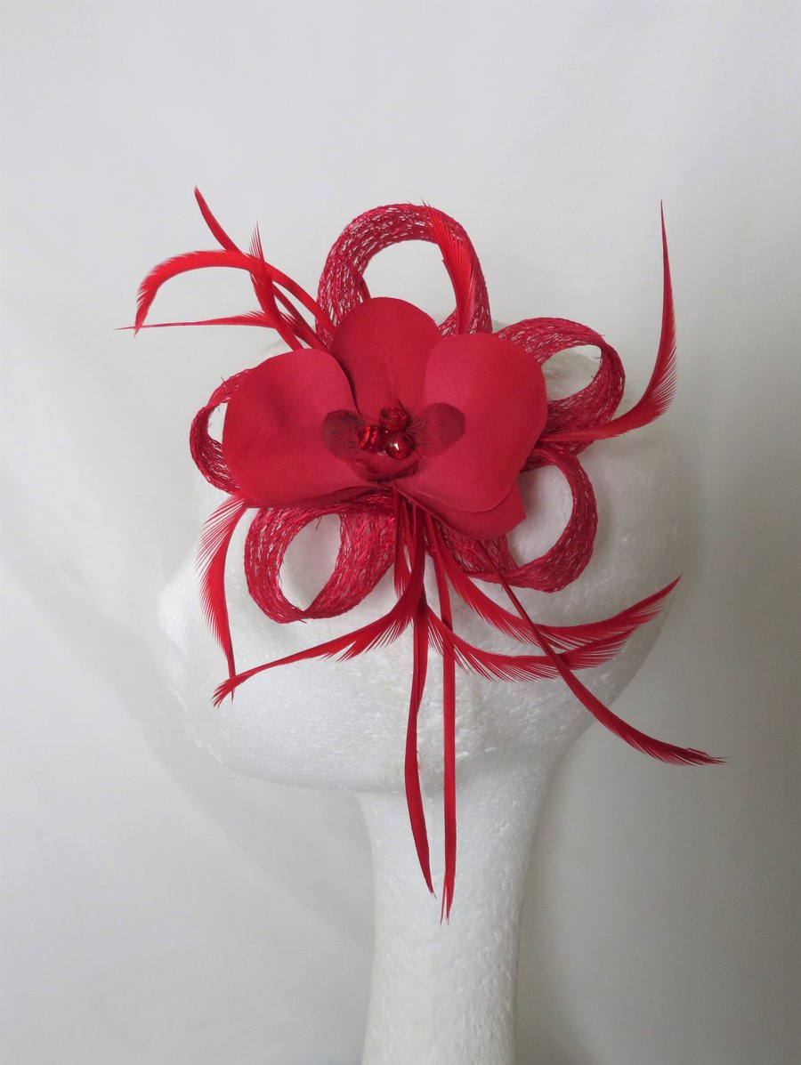 Blood Red Sinamay Loop Orchid Flower & Feather Fascinator Mini Hair Clip