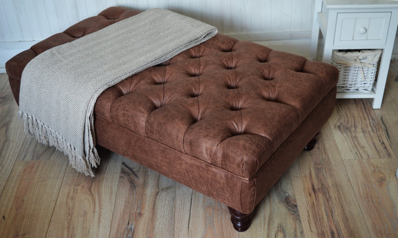 Chesterfield Deep Button Footstool in Antique Chocolate Faux Suede
