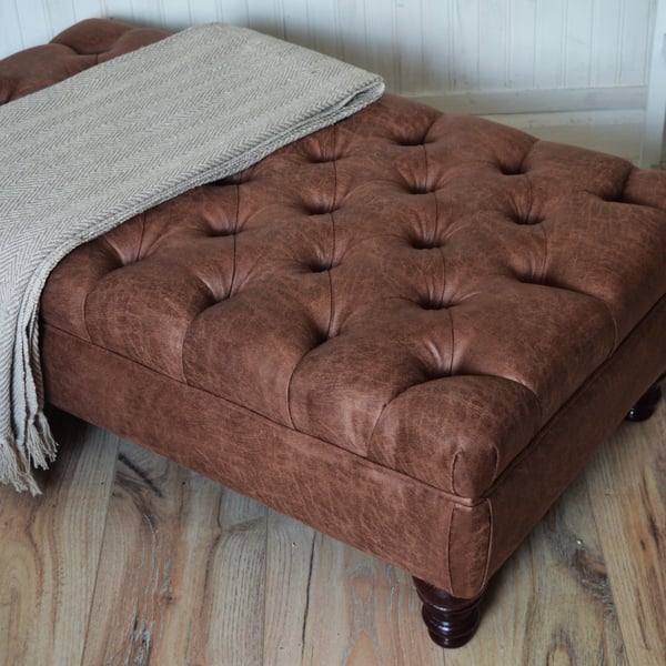 Chesterfield Deep Button Footstool in Antique Chocolate Faux Suede