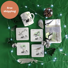 Coastal Birds Art Eco Christmas Gift Set: Bone China Mug, Tea Towel &Coasters