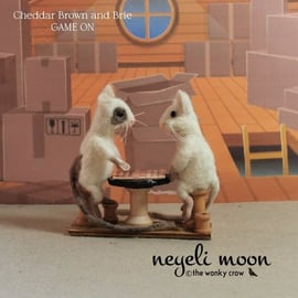 GAME ON needle felted character mice draughts bobbin sculpture by neyeli 