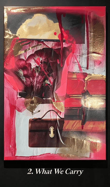 Pieces of red. What we Carry. Canvases 28cm on 35cm