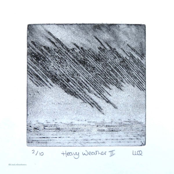 Original drypoint print of a rain storm over the ocean