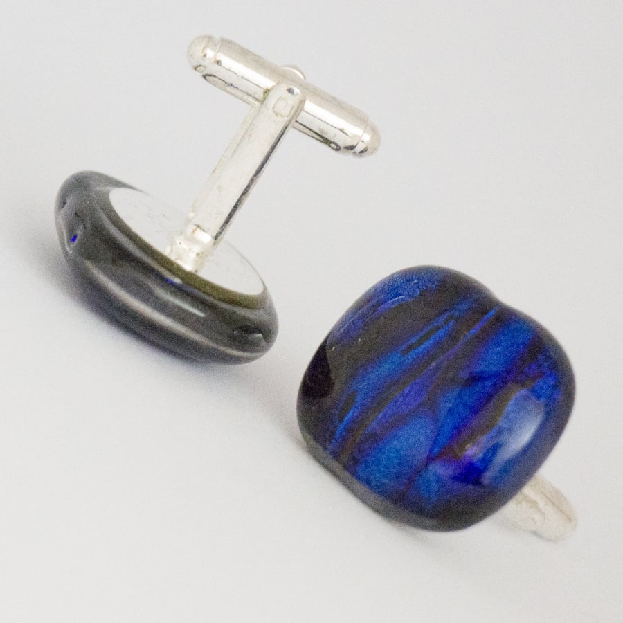 Streaky Blue Fused Glass Cufflinks - 4057