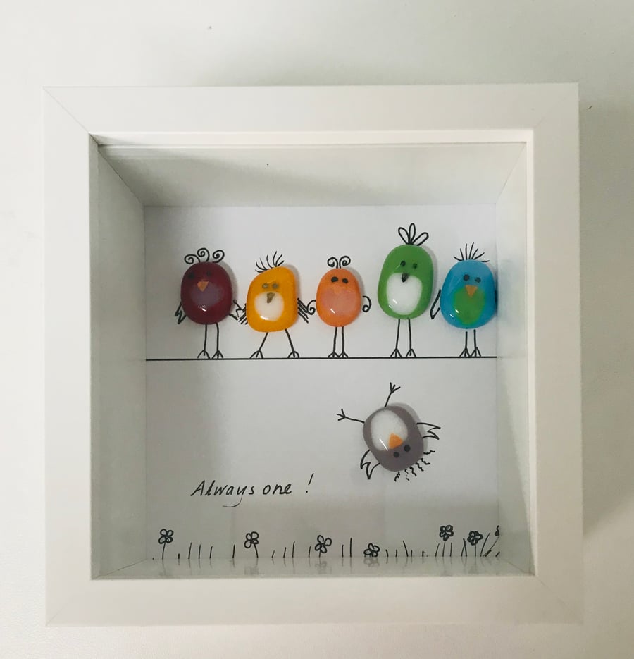 Fused glass birdies in quality acrylic box frame 