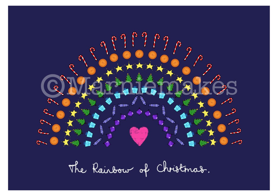 The Rainbow of Christmas (Inky blue) - A5  Giclee Print