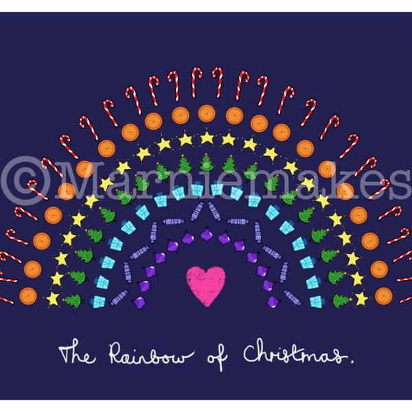 The Rainbow of Christmas (Inky blue) - A5  Giclee Print