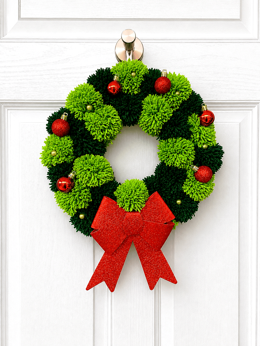  Pom Pom Wreath With Bow, 36 cm Wood Base Holiday Door Decor