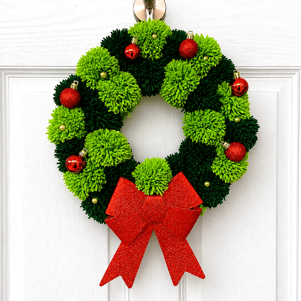  Pom Pom Wreath With Bow, 36 cm Wood Base Holiday Door Decor