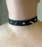 Black Leather Choker with 2 Spikes and 3 Clear-White Gemstones  - Image 1
