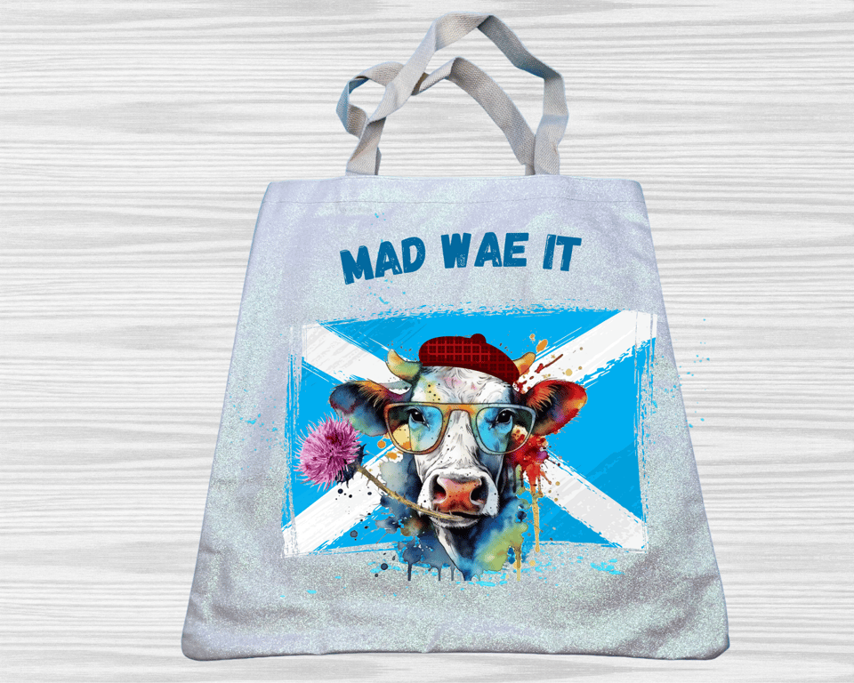 Funny Scottish tote bag with humorous cow design 
