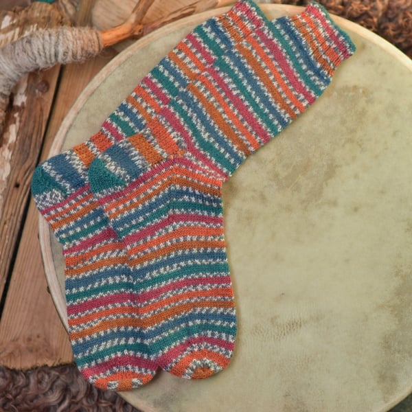 Hand knit socks- British wool - stripe festive colours