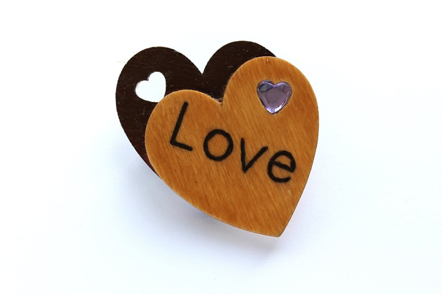 Wooden Double Heart Brooch